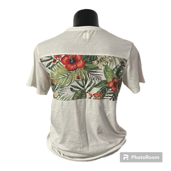 2/$14 💀 | White T•Shirt With Pocket and Tropical Print Stripe | Small | UH - Picture 2 of 3